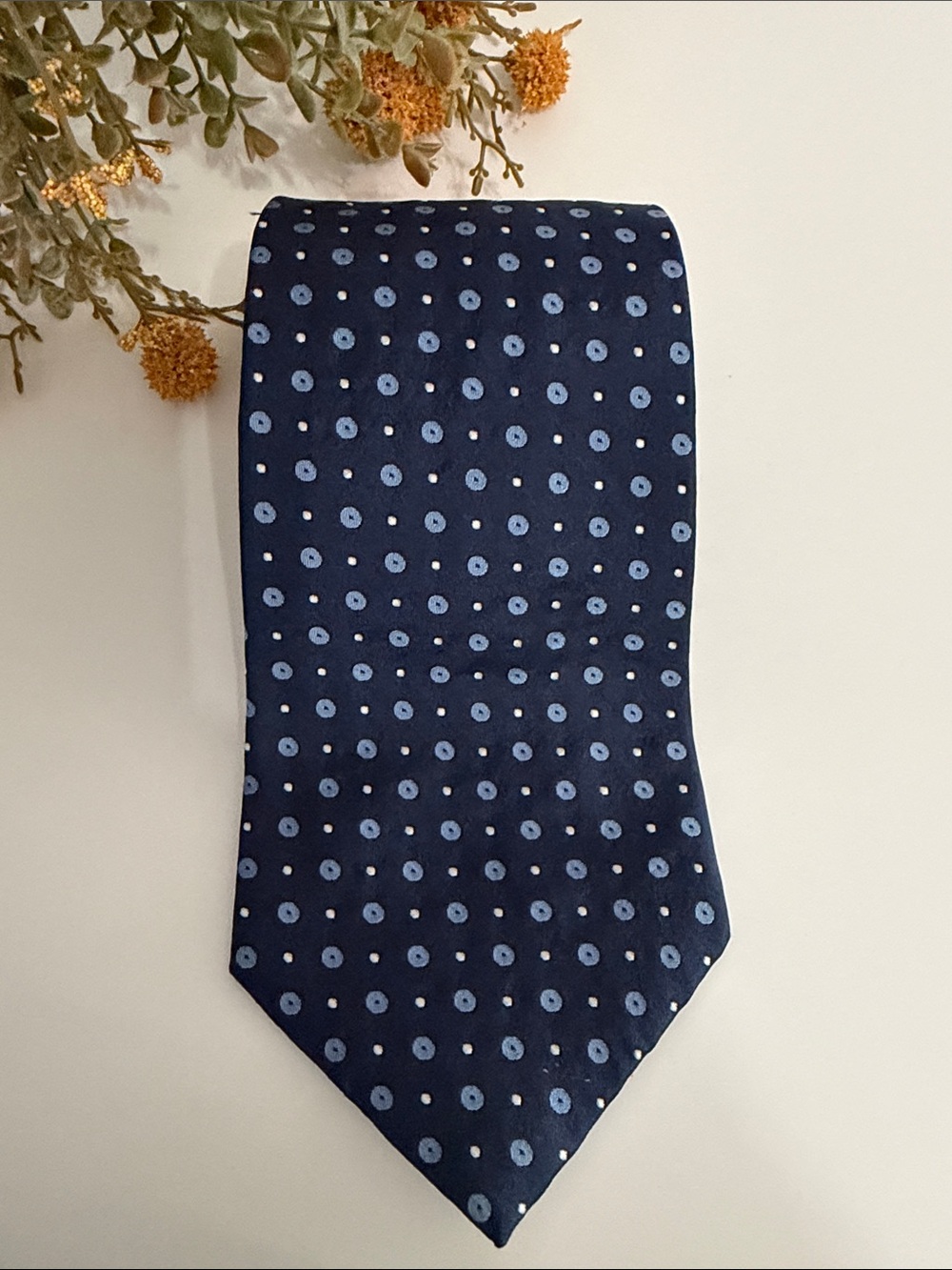 Ralph Lauren Navy Blue 100% Silk Hand Finished Geometric Dot Necktie
